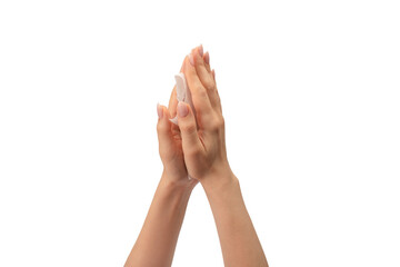 Wet wipe in a woman hand isolated on a white background.
