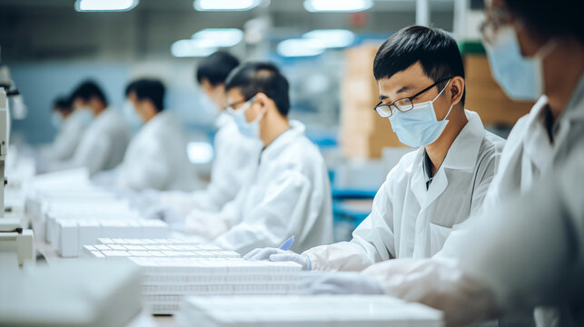 Asian workers in uniform diligently working with safety measures in a technology production factory setting