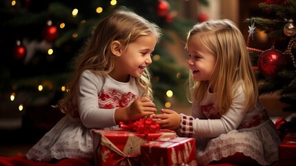 Obraz na płótnie Canvas Winter holidays concept. Generative AI. Two little European girls sisters open a gift box sitting next to a Christmas tree in a cozy home interior.