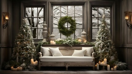 Snow-covered evergreens mirrored in vintage, silver-framed mirrors
