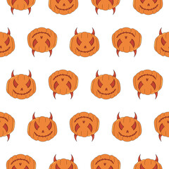 Groovy retro cartoon Halloween character. Evil pumpkin mascot. Spooky seamless pattern.