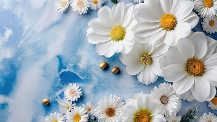 White flowers on white and blue marble background.  AI generated
