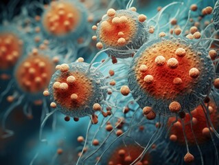 Fototapeta na wymiar Close-up 3d picture of dissolving virus under microscope