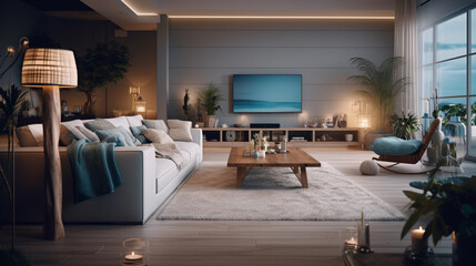 Coastal style home interior design of modern living room. Generative Ai