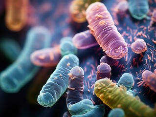 Close-up 3d picture of E. coli bacteria under microscope