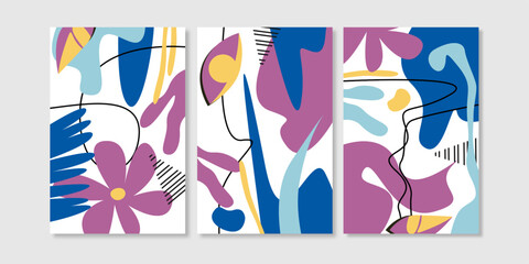 Set three of abstract organic wall art vector. Scandinavian wall decoration with colorful color. Aesthetic abstract shapes background collection, banner and wall print.