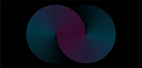 Abstract circle line pattern spin blue pink light isolated on black background in the concept of music, technology, digital	