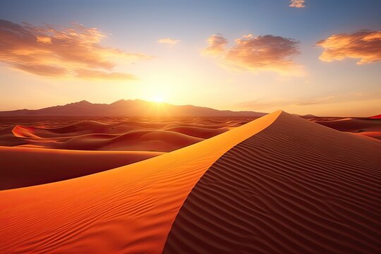 Sahara serenity. Majestic desert dunes at sunset. Epic landscapes in sun. Golden sands and endless horizons at sunrise © Bussakon