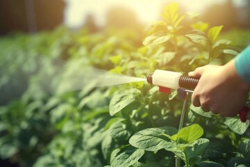 Spraying pesticide onto potato sun light. Harmful control pest at farm. Generate AI - obrazy, fototapety, plakaty