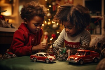 Happy childhood. Curly-haired dark-skinned American little brother and sister play with toy car near the Christmas tree. Winter holidays concept. Generative AI.