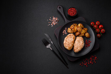 Delicious fresh chicken cutlets or meatballs with salt, spices and herbs
