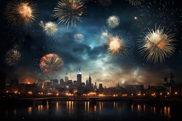 Firework display which is a festival event on Guy Fawkes bonfire night and the New Year's eve for people to celebrate and have fun with exploding rockets, computer Generative AI stock illustration - obrazy, fototapety, plakaty