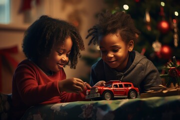 Happy childhood. Curly-haired dark-skinned American little brother and sister play with toy car near the Christmas tree. Winter holidays concept. Generative AI.