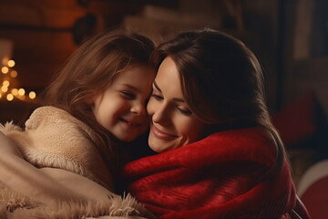 New Year. Christmas. Family. Mom and her little daughter are hugging and smiling. They are wrapped in blankets and sitting in a decorated christmas living room, christmas tree on background