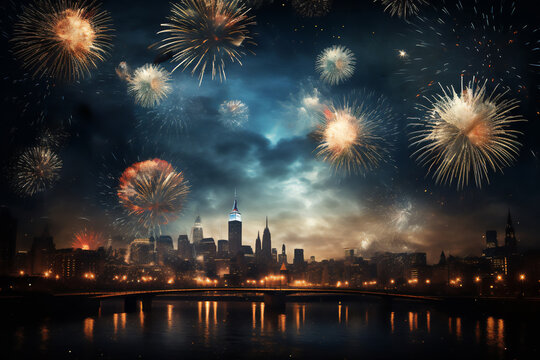 Firework display which is a festival event on Guy Fawkes bonfire night and the New Year's eve for people to celebrate and have fun with exploding rockets, computer Generative AI stock illustration