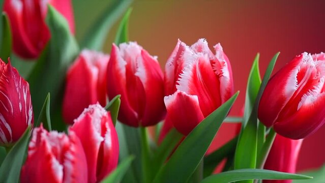 Tulip flowers bunch. Blooming red tulips flower on colourful background, closeup. Holiday gift, bouquet, buds. Beautiful flowers macro shot. Valentine's Day gift, love concept, Easter flowers 