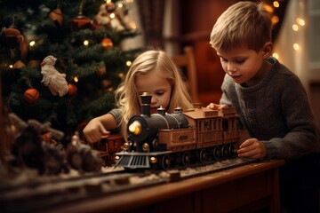 Winter holidays concept. Generative AI. Happy childhood. White-haired European little brother and sister play with toy locomotives train near the Christmas tree.