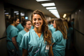 Confident young nurse in scrubs smiling in a busy hospital corridor, embodying dedication and professionalism.