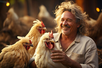 portrait of a funny man, a villager, he sits on the hay in the yard of the ranch, and laughs, makes a video call by smartphone, chickens around him, retro style - obrazy, fototapety, plakaty
