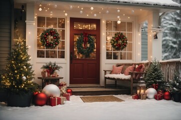 The porch of a house decorated for Christmas with fir trees and garlands in the evening. outdoor decor concept for new year and christmas. AI generated