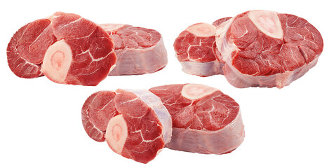 Sliced beef shank, osso bucco steak, isolated on white background, full depth of field