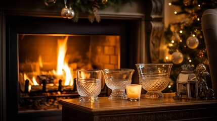 Fototapeta na wymiar A cozy fireside scene reflected in a polished mantlepiece 