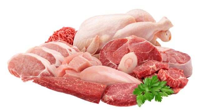 Meat assortment, different raw meat isolated on white background, full depth of field