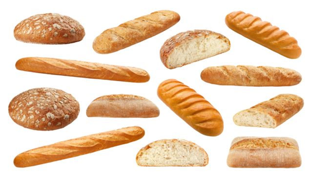 Bread assortment, different types of bread, isolated on white background, full depth of field