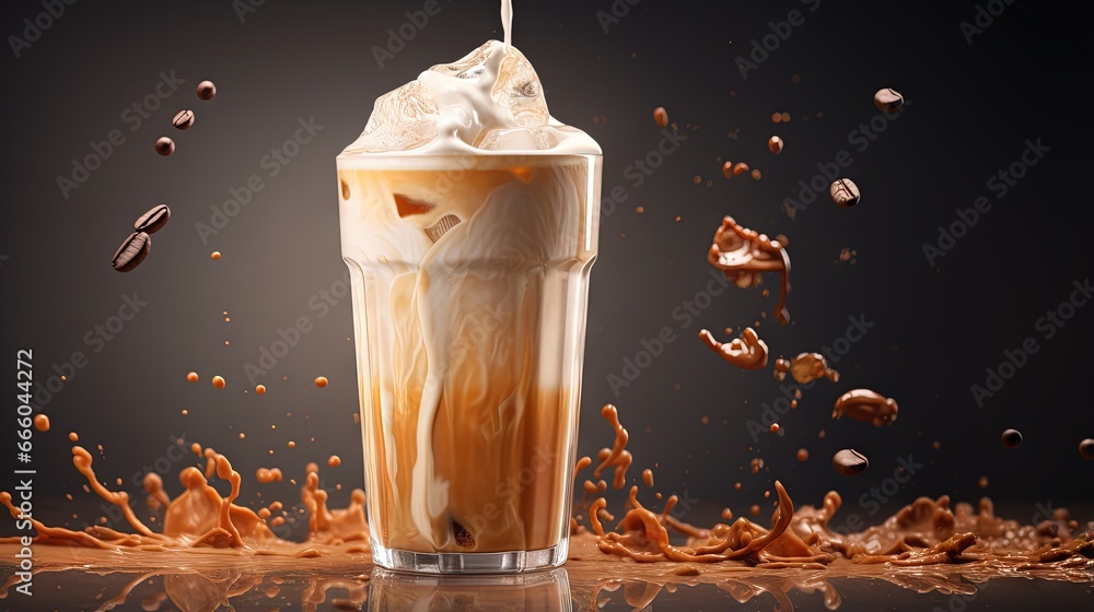 Poster ice coffee latte with cream being poured into it showing the texture and refreshing look of the drin