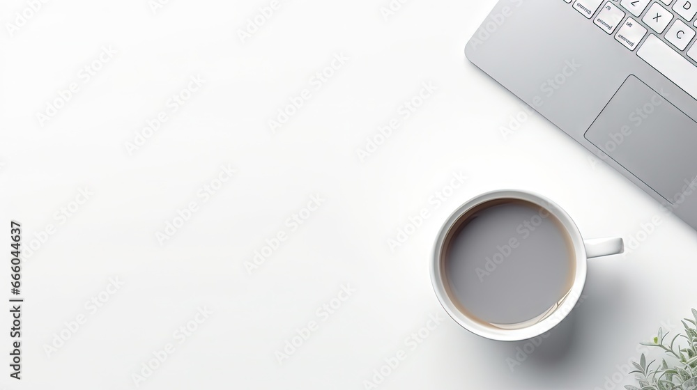 Aufkleber flat lay minimal home office workspace. silver keyboard notepads and cup of tea. top view