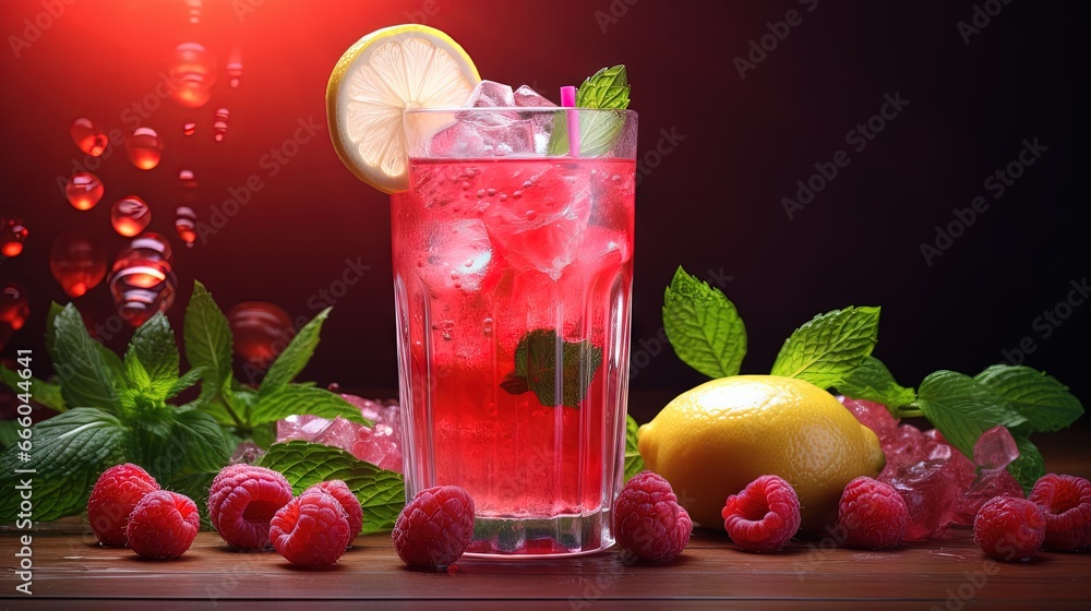 Poster Spring or summer refreshing cold cocktail or mocktail with berries and lemon, raspberry lemonade