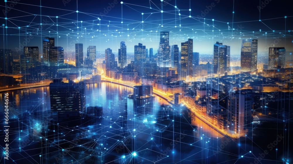 Fototapete 3D Big data in modern city. Abstract social information sorting visualization. Human connections or urban financial structure analysis. Complex geospatial data. Visual information complexity.