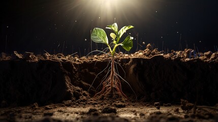 Growing plant with underground root visible in soil - obrazy, fototapety, plakaty