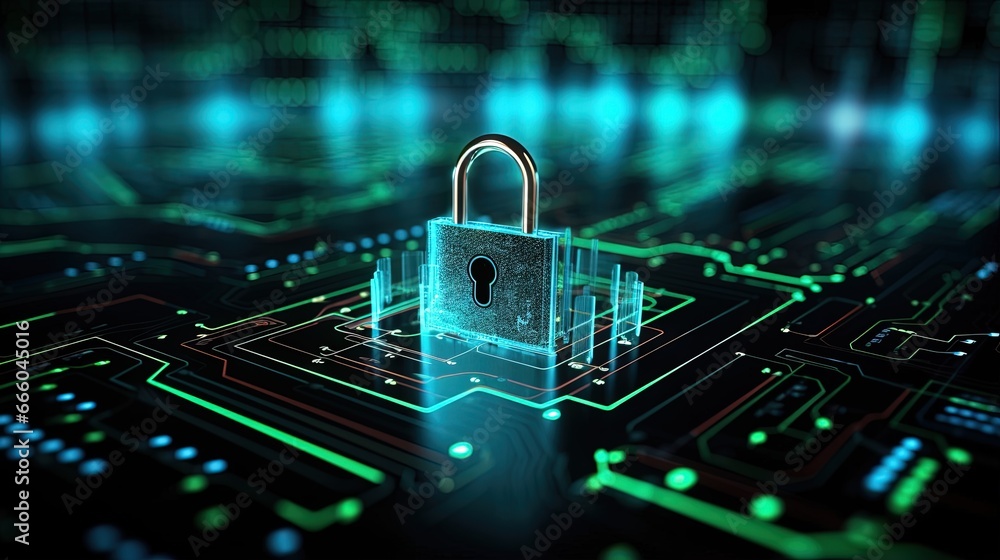 Fototapete Cyber security concept. Padlock icon on digital technology background. Illustrates cyber data security or information privacy idea in mother server is processing the data. 3d rendering