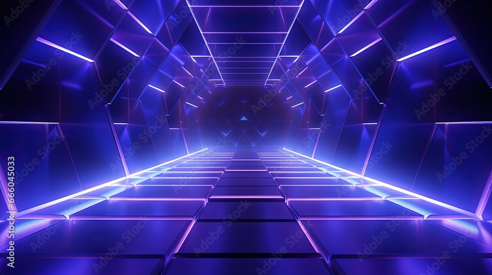 Poster 3d render, abstract geometric background with shapes and neon lines glowing in ultraviolet light