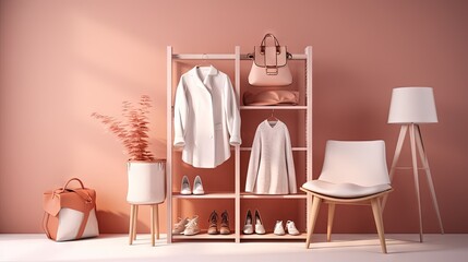 Studio room with white rack with hangers and chair outdoor in pastel and white color. Creative composition. 3D render for social media, shopping store, studio. Minimalist lifestyle
