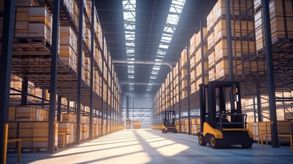 Concept of warehouse. The forklift between rows in the big warehouse. Generative Ai