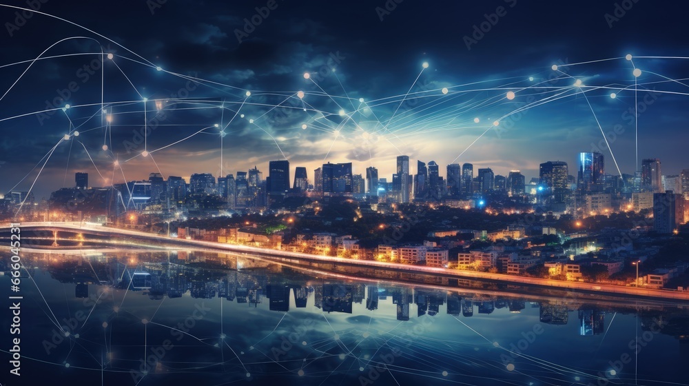 Poster line of cityscape and communication network illustration concept. telecommunication. iot (internet o