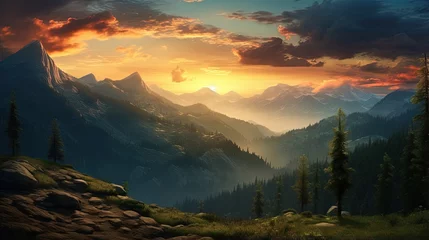 Abwaschbare Fototapete forest on the mountain light fall on clearing on mountains at sunset sky background © HN Works