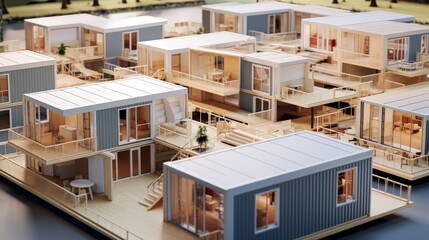 Assembly shop of modular houses with ready-made and unfinished. 3d illustration - obrazy, fototapety, plakaty