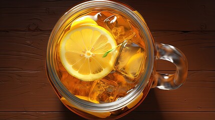 Iced lemon tea in a mason jar.Top view. - obrazy, fototapety, plakaty