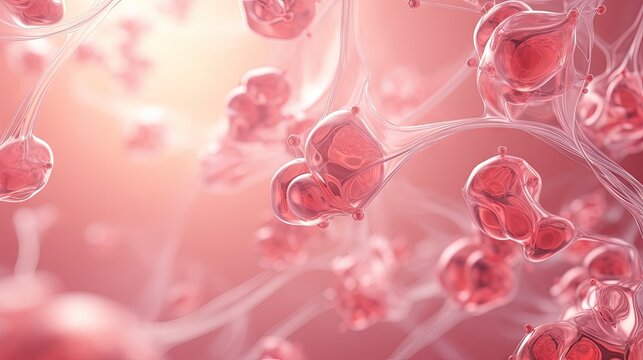 Stem cells floating on skin cell with aura pink background. Skin treatment, Anti-Angie concept. 3D rendering