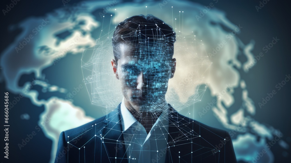 Poster double exposure image of virtual human 3dillustration on world map and learning technology background represent learning process.
