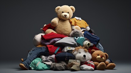 Stack of old baby children clothes,teddy bear toys,sneakers sorted into Donate categories.Donation,volunteering help,humanitarian aid.charity on gray background still life.Recycle clothing,eco cotton. - obrazy, fototapety, plakaty