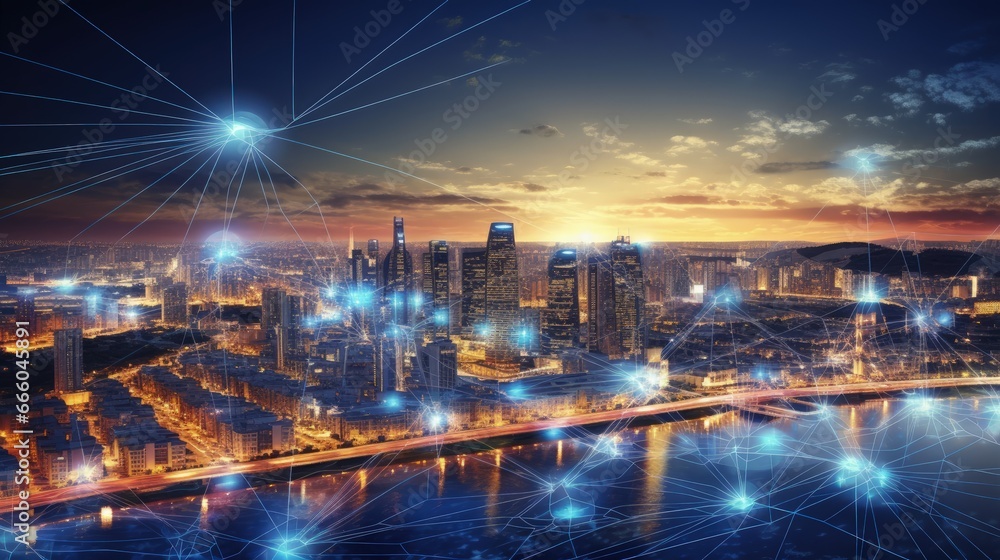 Aufkleber line of cityscape and communication network illustration concept. telecommunication. iot (internet o