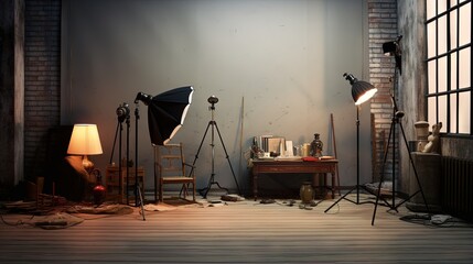 Photo studio room, light equipment - obrazy, fototapety, plakaty