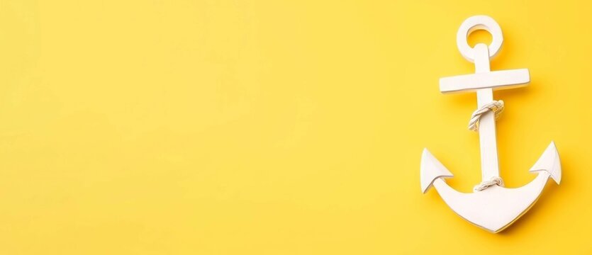 White wooden archor isolated on yellow banner. Tree summer texture marine amber. Generate Ai