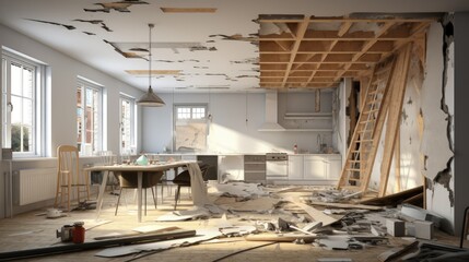 3D rendering of a house interior under renovation works - obrazy, fototapety, plakaty