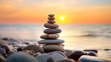 Balanced pebble pyramid silhouette on the beach on sunset. Selective focus Abstract bokeh with Sea on the background. Zen stones on the sea beach, meditation, spa, harmony, calmness, balance concept.
