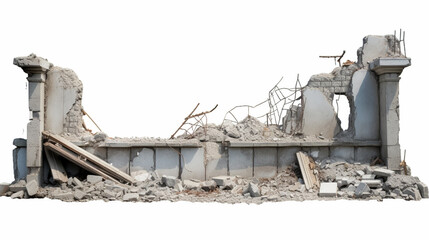 Concrete wreckage closeup of a destroyed building isolated on a white background. Generative Ai